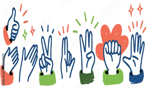A lively illustration showcases a variety of cartoon hands expressing positive emotions and actions: thumbs up, clapping, peace sign, raised fist, and applause. Brightly colored sleeves and sparkling