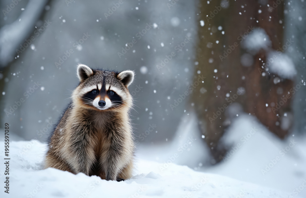Obraz premium Close up raccoon sits in white snow during snowfall. Furry mammal has black mask around its eyes and bushy tail. Animal looks at camera in cold winter forest environment.