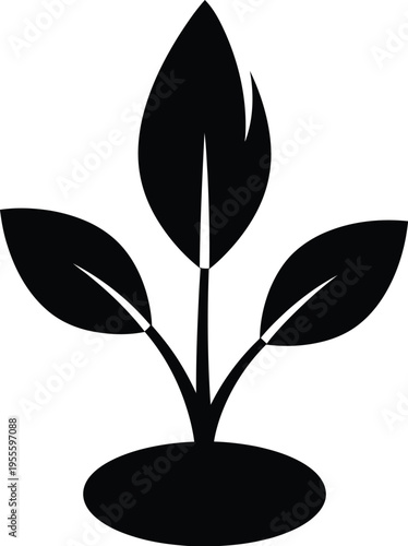 Silhouette of a plant with three leaves and a stem growing from a round base