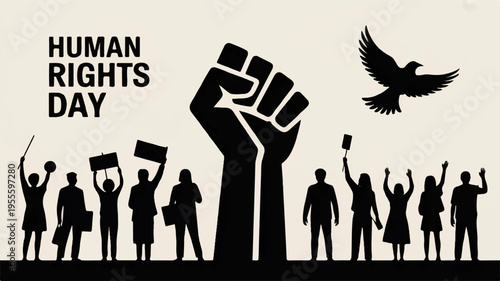 Human rights day celebration with diverse group of people raising hands and fists in solidarity dove flying overhead on beige background