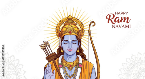 Illustration of Lord Rama with a bow and arrow, celebrating Ram Navami with a traditional Indian design and festive background.
