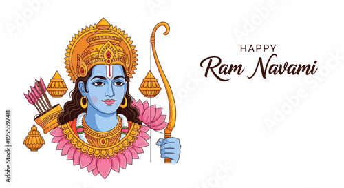 Illustration of Lord Rama's portrait with a bow and arrow, adorned in traditional attire, celebrating Happy Ram Navami against a festive background with vibrant colors.