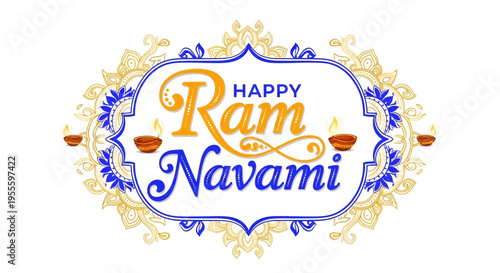 Festive Happy Ram Navami greeting concept with traditional Indian design elements and decorative lamps on a colorful background.