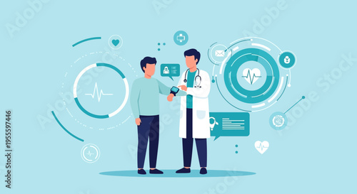 Doctor checking patient's smartwatch for health data, digital health technology concept