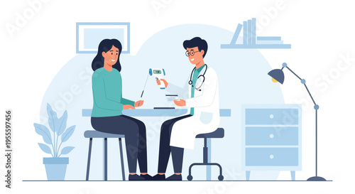Doctor checking patient's temperature with infrared thermometer in clinic examination room