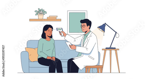 Doctor checking patient's temperature with infrared thermometer during home visit