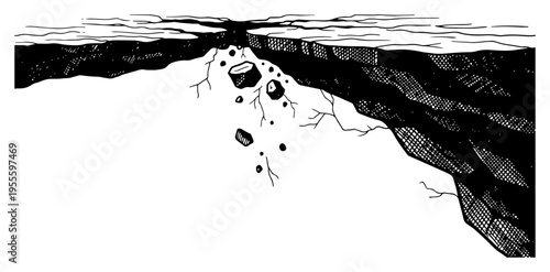 Hand drawn ground collapse or cliff edge with falling rocks in vintage engraving style