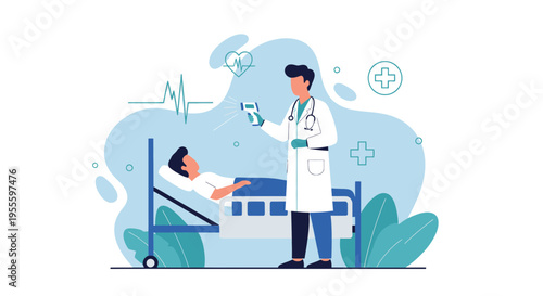 Doctor checking patient's temperature with infrared thermometer in hospital room, healthcare concept