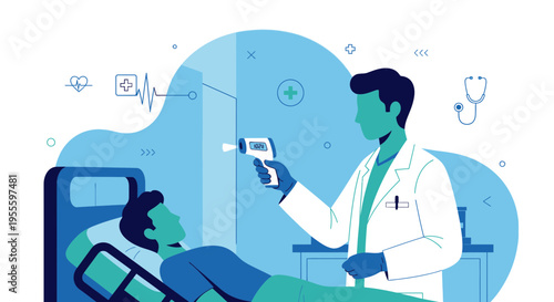 Doctor checking patient's temperature with infrared thermometer in hospital room