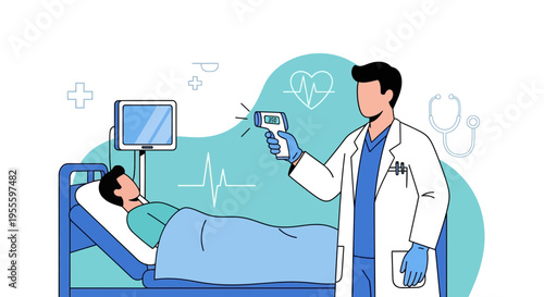 Doctor checking patient's temperature with infrared thermometer in hospital room, medical checkup