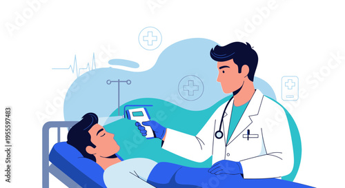 Doctor checking patient's temperature with infrared thermometer in hospital room