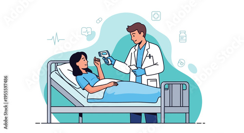 Doctor checking patient's temperature with thermometer in hospital room, healthcare concept