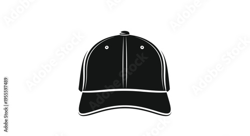 Silhouette of a black baseball cap with curved brim and button on top