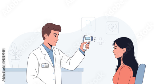 Doctor checking patient's temperature with infrared thermometer, medical checkup, healthcare concept
