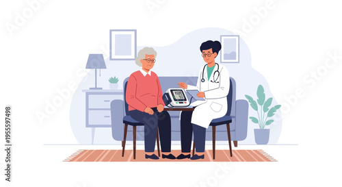 Doctor checks elderly woman's blood pressure at home, healthcare concept