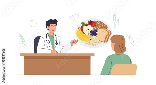 Doctor consulting patient about healthy nutrition, showing plate of fruits, grains and bread