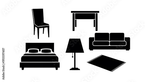 Furniture Icons Set Black Silhouette Vector Graphic Elements