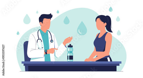 Doctor consulting patient about hydration and fitness, water bottle and drops background