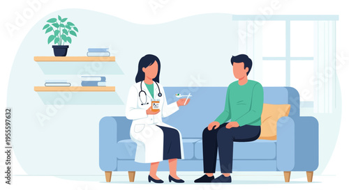 Doctor consulting patient at home, discussing medication and health