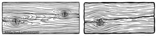 Pair of wooden planks with detailed natural grain and knots in vintage engraving style