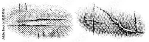 Distressed grunge texture set featuring cracked stone and woven mesh patterns in etching style