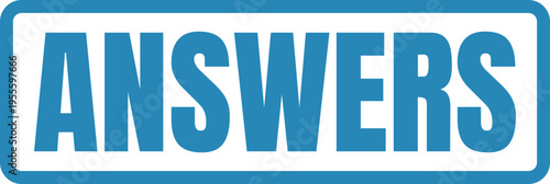 A bold blue rectangular sign with the word answers printed in a clean sans-serif font style Vector, illustration Stamp Icon.