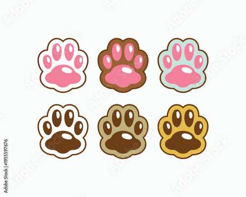 Cute paw prints in soft pastel tones. Each print shows five distinct toes. Colors range from pink to golden brown. Designed with a playful, cartoon style. Perfect for children's projects or pet themes