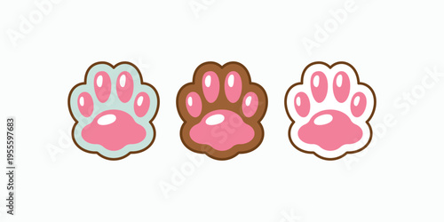 Three paw prints stand side by side. Each print has a soft pink pad and rounded toes. They share a gentle, playful tone. Ideal for pet-themed design or children's content. The prints hint at friendly