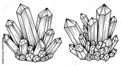 Hand drawn crystal formations or mineral clusters in vintage engraving style