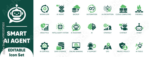 Smart AI agent Solid icon set. brain, editable, future, learning, support, talk, agent, voice, assistant, communication, service, and vector.

