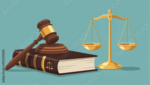 Law book with gavel and golden scales on teal background symbolizing justice and legal system