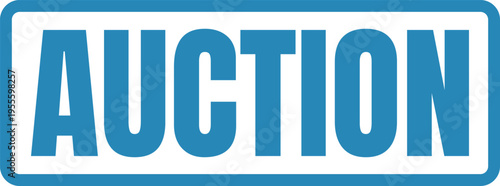 A bold blue rectangular sign featuring the word auction in a clean modern sans serif typeface Vector, illustration Stamp Icon.