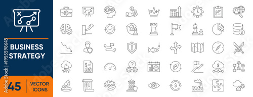 Business Strategy Icon Set. Containing Innovation, Marketing, Chess, Strategic, Planning, Tactic and more. Editable vector Line icons collection.