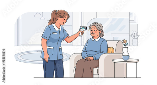 Nurse checking elderly woman's temperature with infrared thermometer at home