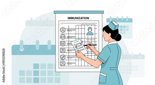 Nurse checking immunization record on calendar background, vaccination schedule concept
