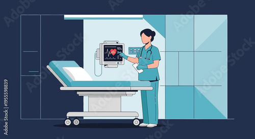 Nurse checking patient monitor in hospital room with medical equipment