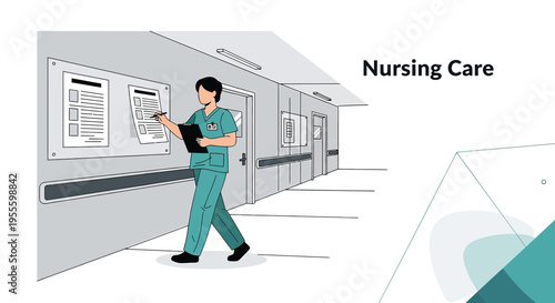 Nurse Checking Medical Records in Hospital Corridor