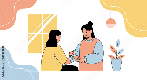 Nurse checking patient's blood pressure at home, healthcare, medical check-up, home visit