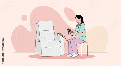 Nurse checking patient's blood pressure in a comfortable recliner chair at home