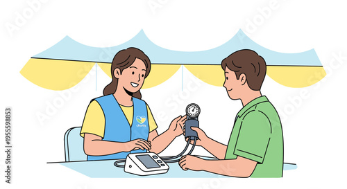 Nurse checking patient's blood pressure at outdoor health screening event