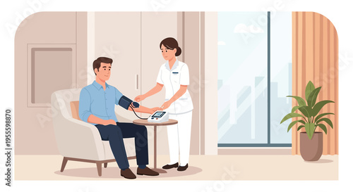 Nurse checking patient's blood pressure in a modern clinic room, healthcare concept