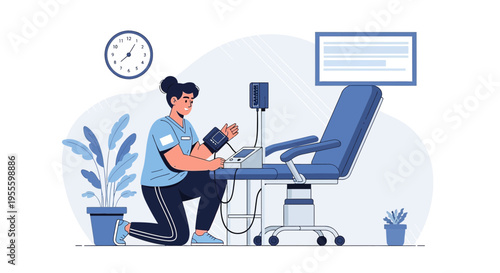 Nurse checking patient's blood pressure in a modern clinic room