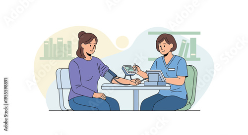 Nurse checking patient's blood pressure in clinic, health checkup, medical examination