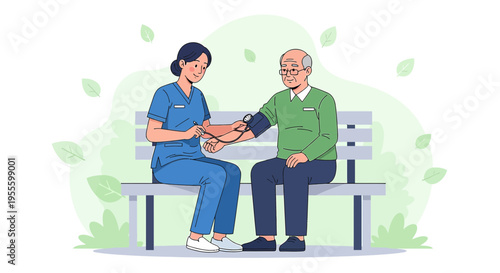 Nurse checking senior man's blood pressure outdoors on a bench, healthcare concept