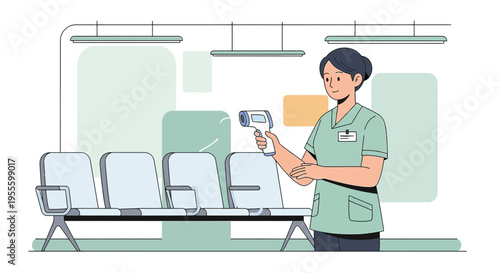 Nurse checking temperature with infrared thermometer in waiting room, healthcare concept