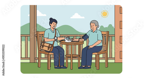 Nurse checking senior woman's blood pressure on porch, healthcare at home concept