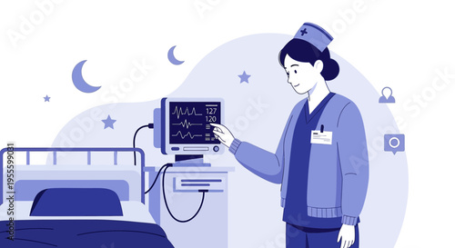 Nurse checking vital signs monitor next to hospital bed at night