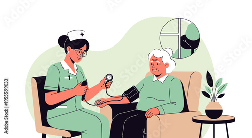 Nurse checking senior woman's blood pressure at home, healthcare concept