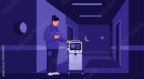 Nurse checking vital signs monitor in dark hospital corridor at night