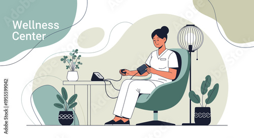 Nurse checks blood pressure in modern wellness center, promoting health and care